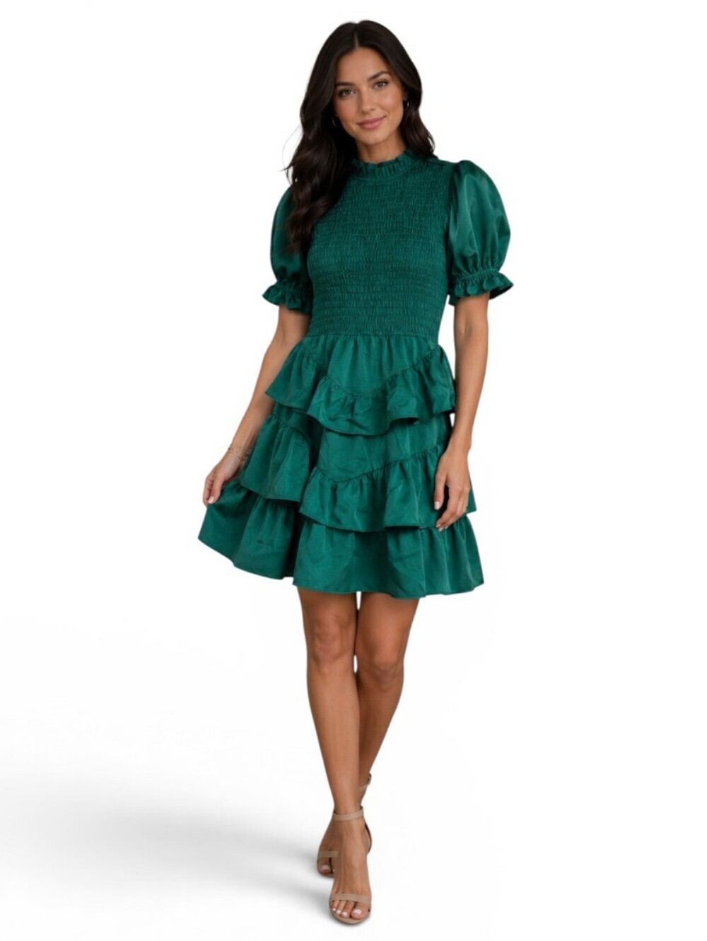 KARLIE Satin Puff Sleeve Smocked Layered Skirt Mini Dress. Emerald Green. SM